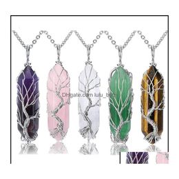 Colliers pendants Colliers pendants pendentifs bijoux et fil de cuivre fait en cuivre arbre de vie Collier de pierre naturelle Crystal rose am otmjb