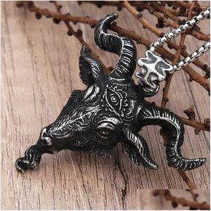 Pendentif Colliers Pendentif Colliers Punk Vintage Grande Tête De Chèvre Collier Pour Hommes Gothique En Acier Inoxydable Démon Satan Biker Bijoux Gif Dh0La