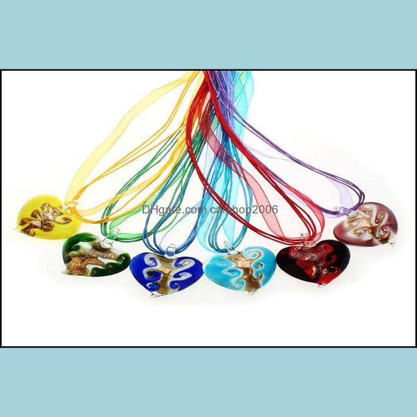 Pendentif Colliers Pendentifs Bijoux 6Pcs Coeur Feuille d'Or Murano Verre Lampwork Soie Corde Collier Mixte Col Dho3E