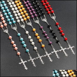 Hanger kettingen hangers sieraden 7 kleuren religieuze katholieke rozenkrans Jezus kruis lange 8mm kraal kettingen voor vrouwen mannen christelijke gift druppel D