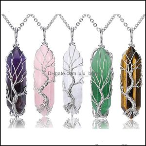 Collares pendientes Colgantes Joyas Andmade Alambre de cobre Envuelto Árbol de la vida Collar Piedra natural Rosa Cristal Amatista P Dhcgs