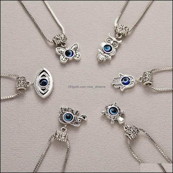 Collares colgantes Colgantes Joyería Encanto Turco Mal de ojo Azul Mariposa Tortuga Búho Collar de palma para mujeres Hombres Gargantilla de cadena de clavícula