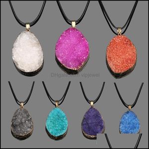 Hangende kettingen hangers sieraden druzy ketting 7 kleur geometrische natuurlijke drusy stone zwart slangen lederen koord koord voor vrouwen mode