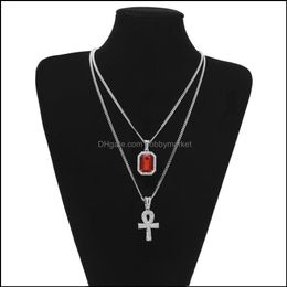 Pendentif Colliers Pendentifs Bijoux Glacé Égyptien Ankh Clé De Vie Collier Ensemble Bling Croix Mini Pierre Précieuse Or Sier Chaîne Pour Hommes Hanche