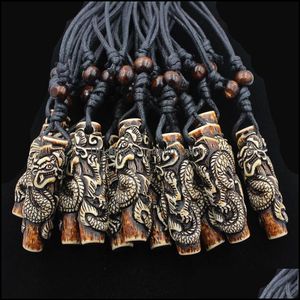 Collares pendientes Colgantes Joyas Lotes Venta al por mayor 12 Unids Cool Boy Mens Simation Bone Carving Totem Dragon Wood Beads Amet Collar Lucky Gi