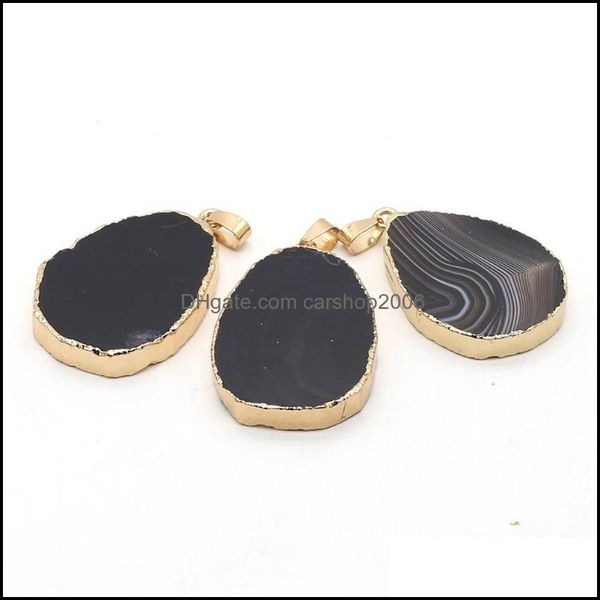Collares colgantes Colgantes Joyería Natural Boutique Ágata rayada negra Piedra semipreciosa Forma ovalada M Dhgqk