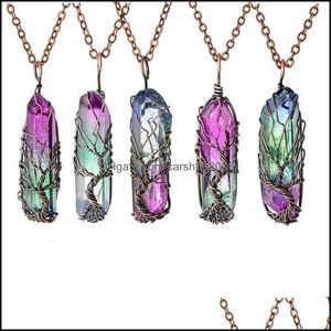 Collares pendientes Colgantes Joyas Nuevo Árbol de la vida Alambre de cobre Envuelto Cuarzo Druzy Rock Piedra Curación 7 Chakra Rainbow Gift1 Drop Delive