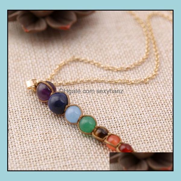 Collares pendientes Colgantes Joyería Cuentas de siete colores Sham Collar trenzado Piedra natural Chakra Amatista Suéter Cadena El regalo para Val