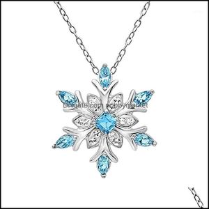 Pendentif Colliers Pendentifs Bijoux Cristal Étincelant Frozen Snowflake Collier Femmes Brillant Bleu Fleur Zircon Sautoirs Dames Filles Birthda