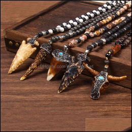 Collares pendientes Colgantes Joyas Tibetano Natural Agat Lava Piedra Strand Beads Collar Vaca Bl Buey Cabeza Diente Skl Encantos Hombres Mujeres Amet Lu