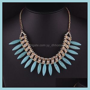 Pendentif Colliers Pendentifs Bijoux Femmes Mode Turquoise Collier Bohème Tour De Cou Chunky Déclaration Chaîne Strass Fringe Bib Drop Deli