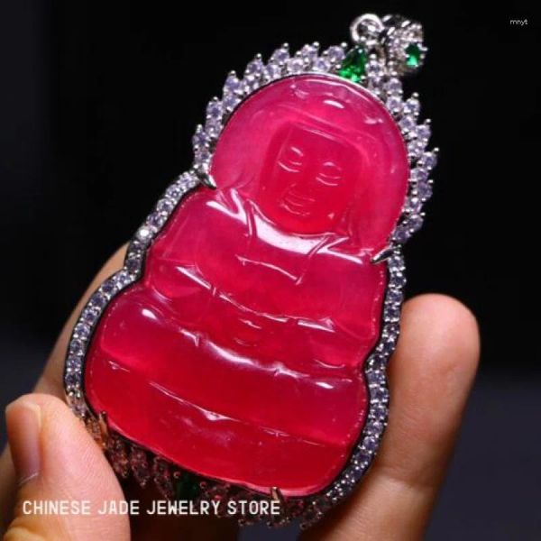 Collares colgantes. Perfecto alto chino rosa rojo jade precisión tallada Guanyin M201