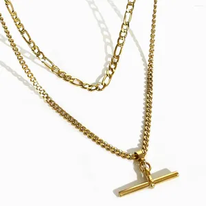 Pendentif Colliers Peri'sbox Gratuit Ternish Acier inoxydable 18K Gold Pvd Plaqué Double couche Chaîne T Bar Collier pour femmes Albert Chains