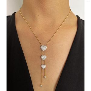 Pendentif Colliers Peri'sbox Romantique En Acier Inoxydable Plaqué Or Pave Strass Triple Coeur Lariat Y Collier Pour Femmes Bijoux De Fête