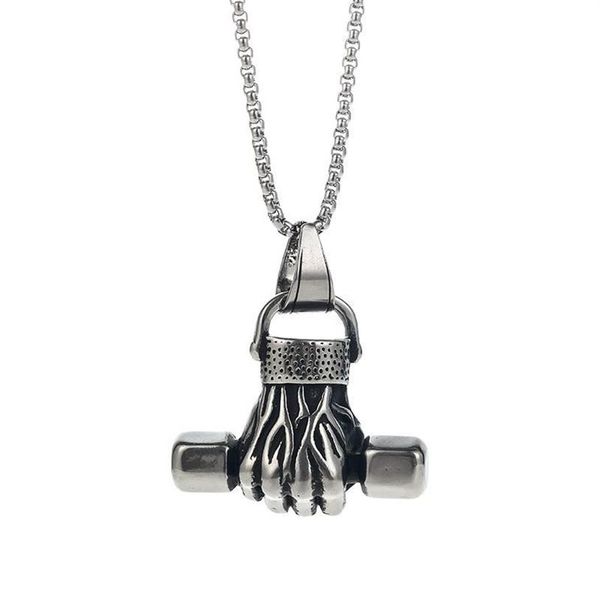 Pendentif Colliers Personnalité Creative Titanium Collier en acier ne se décolore pas Fitness Fist Haltère Sports Punk Hip Hop Power Jewel2351