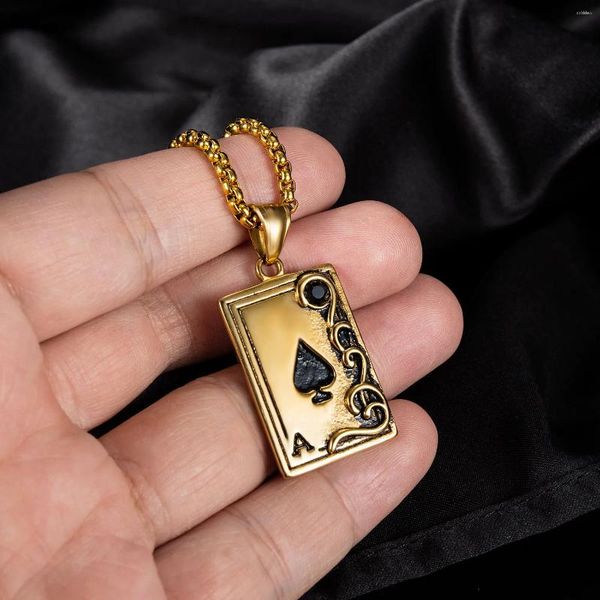 Pendentif Colliers Personnalité Acier inoxydable Noir Zircon Poker Collier pour hommes Femmes Goth Punk Spade Une longue chaîne Hip Hop Bijoux