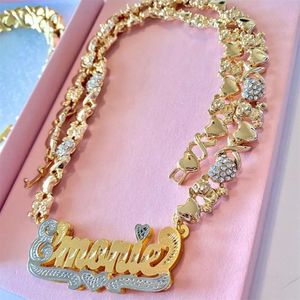 Collares colgantes Personalizado Nombre chapado en oro Teddy Heart XOXO Cadena Doble capa Dos tonos con 230321