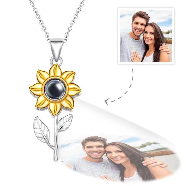 Pendentif Colliers Personnalisé Po Projection femmes collier or pétale tournesol fleur pendentif personnalisé Po bijoux de luxe Design cadeaux 231115