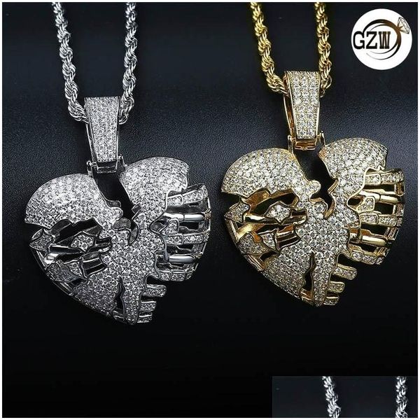 Pendentif Colliers Personnalisé réel 18K or Bling diamant brisé creux coeur hommes pendentif collier glacé cubique zircone amoureux salut DH42T