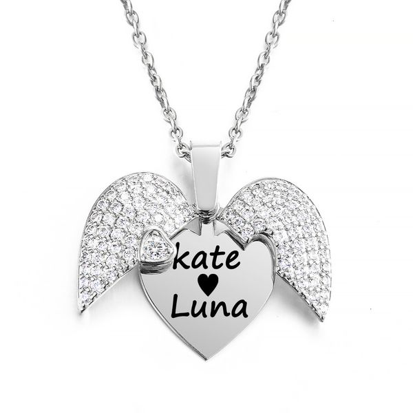 Collares colgantes Collar de cadena de mujer personalizado Nombre del corazón grabado personalizado Alas de cristal abiertas Neklace Regalo del día de San Valentín 230825