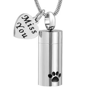 Collares colgantes Cilíndrico de mascota Urna de cremación con miss You Heart Charm Memorial Urnas NCEKLACE FOR DOG