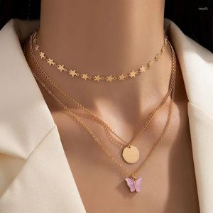 Colliers pendentif rose 1 papillon incrusté collier multicouche sequin géométrie trois couches chaîne de cou pour femmes