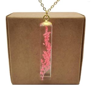 Colliers pendants Babysbreath rose Real Flower Transparent Cube Resin Gold Color Collier Long Women Boho Fashion Jewelry Bohemian