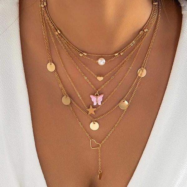 Collares colgantes Pink Butterfly Heart Star con collar Collar Mujer 2024 Multicapa Color Oro Metal Chica Cumpleaños Joyería