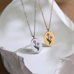 Hanger kettingen roze handgeschilderde tulpen bloem zilver kleur ketting titanium staal vergulde 18k gouden sleutelbeen ketting mode sieraden geschenken