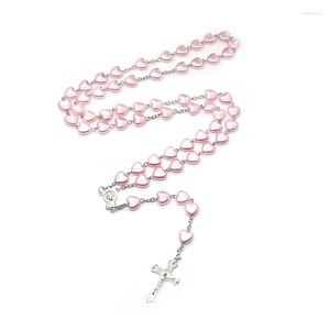 Collares colgantes rosa corazón rosario collar plástico imitación perla cruz joyería católica para mujeres