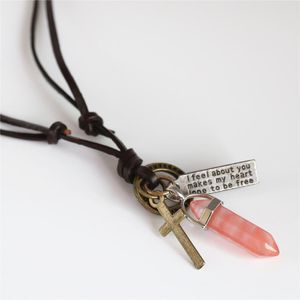 Pendentif Colliers Pilier Rose Pierre Naturelle Brun Foncé Chaîne En Cuir Alliage Cerceaux Mots Croix Hommes Collier Femmes Femme Mâle BijouxPendant