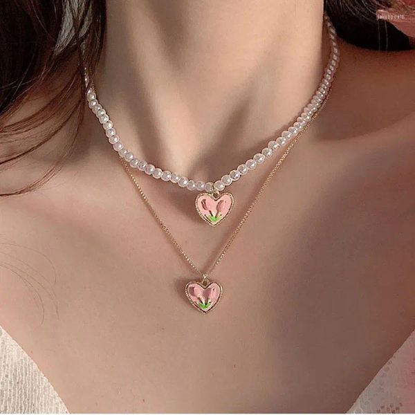 Pendentif Colliers Rose Tulipe Amour Perle Pendentifs Collier Femmes Été Clavicule Chaîne Ras Du Cou À La Mode Femme Bijoux 2023 Cadeaux De Vacances