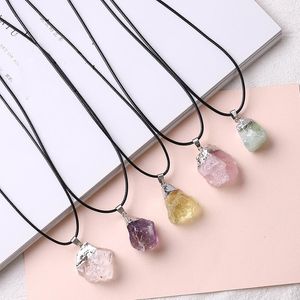 Pendentif Colliers Rose Jaune Violet Naturel Améthyste Citron Citrine Pierre Quartz Cristal Point Guérison Chaîne En Cuir Collier