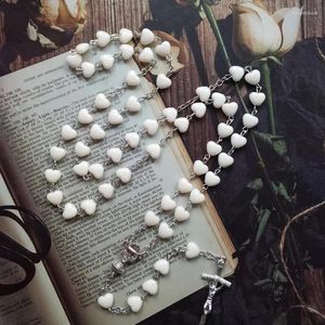 Colliers pendants Perles en plastique Strand Crucifix Long Rose Blanc Coeur Rosaire Collier pour femmes bijoux religieux