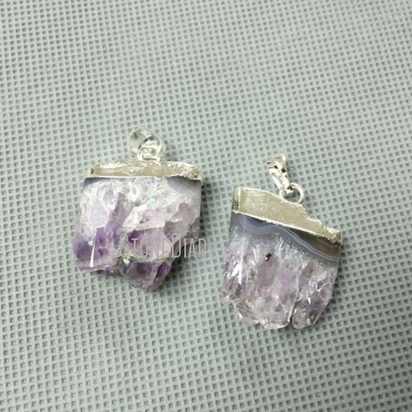 Pendentif Colliers PM1324 10 pcs Violet Druzy Cristal Améthystes Tranche Argent Plaqué Forme Libre Bijoux