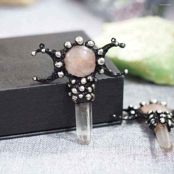 Collares pendientes PM40207 Cuarzo negro Cristal transparente Pátina rosa Forma de luna soldada Punto de collar de forma libre de bruja