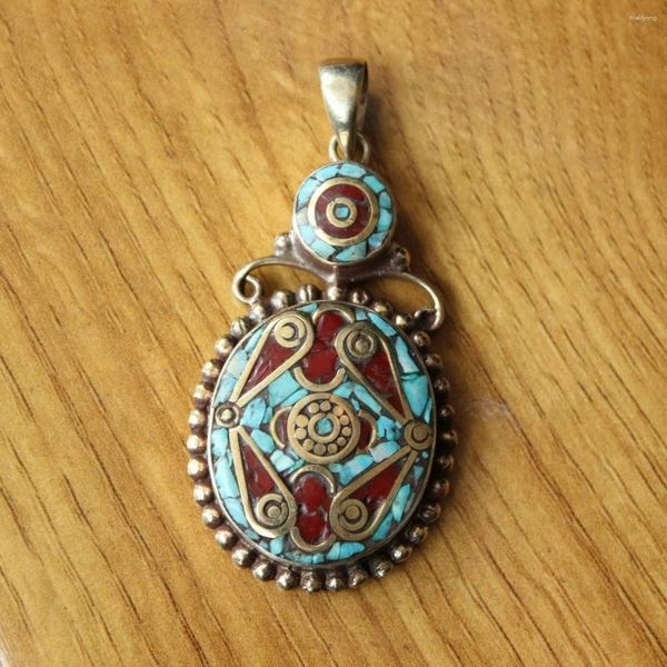 Pendentif Colliers PN005 Ethnique Tibétain Cuivre Incrusté Turquoises Coloré Ovale Grand Collier Pour Femme