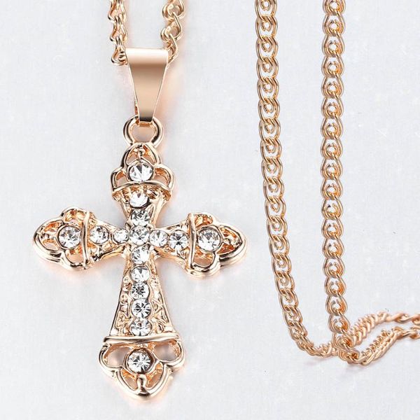 Collares colgantes Oración Jesús Collar Cadena 585 Oro rosa Cruz de cristal blanco para hombres Mujeres Joyería Regalos GP407Pendant