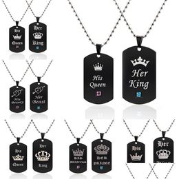 Pendentif Colliers Joli collier en acier inoxydable pour amoureux femmes hommes son roi sa reine couple colliers avec étiquettes de couronne Pe Dh7E9