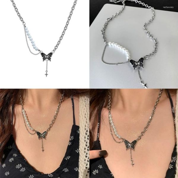 Collares colgantes Cadena punk Mariposa Perla Material de aleación Y2k Joyería para niñas Mujeres Y08E