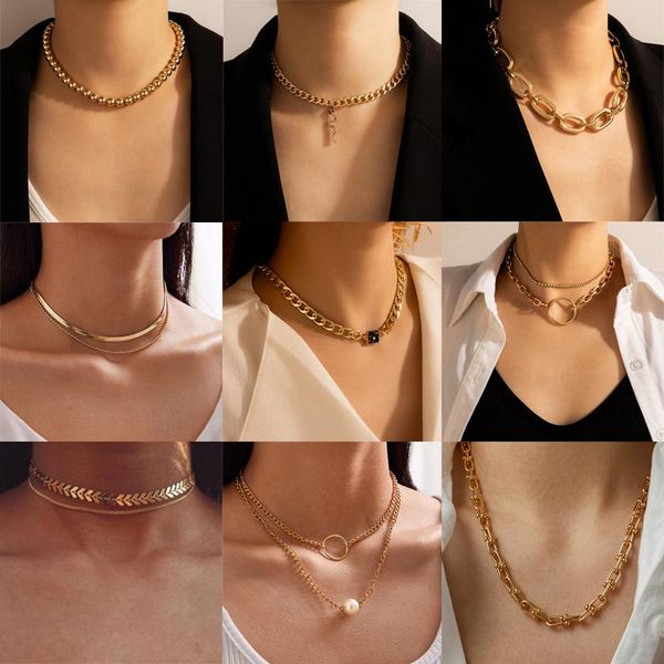 Collares pendientes Punk Gargantilla Collar Hip Hop Bead Big Chunky Gold Color Grueso Clavícula Cadena Hoja Geoemtric Joyería Para Mujeres CollarPendan