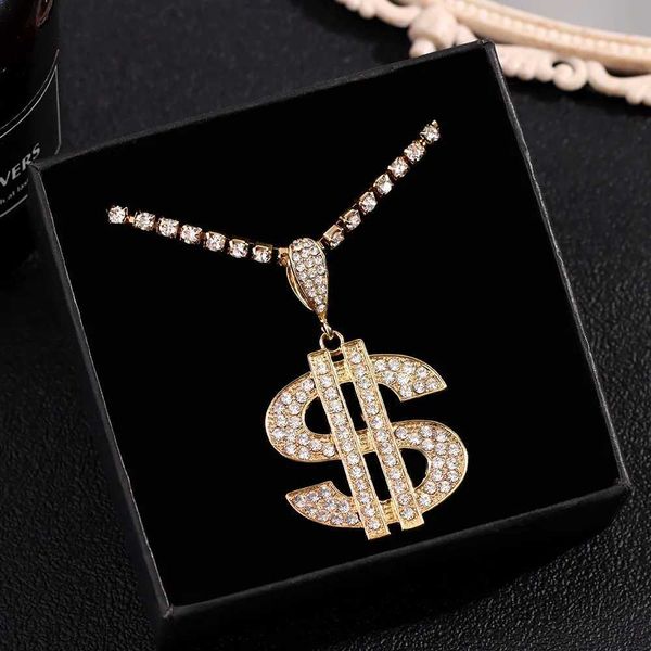 Colliers pendants Punk Crystal Big Dollar Sign Sign Rhinge Collier pour femmes Bling Big Money Dollar Tennis Chain Chain Choker Stale Party Y240420