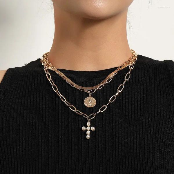 Collares colgantes Punk Fashion Coin Pearl Cross Collar para mujeres Capas dobles Cadenas gruesas Geométrica Clavícula Joyería Regalo