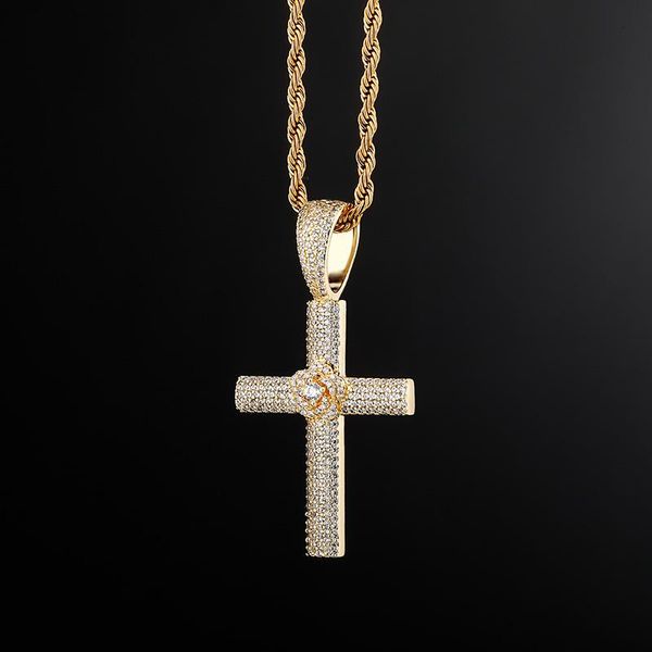 Collares pendientes Punk Full Zircon Rose Cross para hombres niños Unisex Hip Hop oro plata Color Iced Out Cz Zirconia cadena joyería