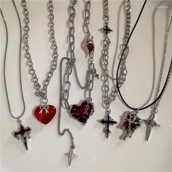 Collares colgantes Punk Gótico Rojo Lava Estrella Cruz Corazón Cuero Cuerda Collar Mujeres Hombres Hip Hop Y2K 90s EMO Accesorios Joyería Estética