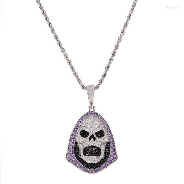 Collares pendientes Punk Hoody Skull Purple Stone collar oro plata Cubic Zirconia Hip Hop Rock joyería con cadena de tenis Heal22