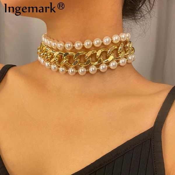 Collares colgantes Punk Miami Cuban Chunky Cadena Collar Nupcial Collares Declaración Multicapa Blanco Imitación Perla Gargantilla Mujer JoyeríaPend