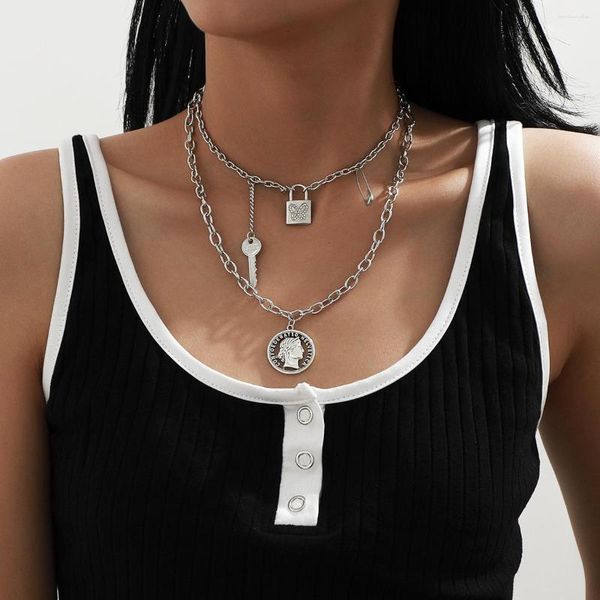 Pendentif Colliers Punk Miami Cubain Hip Hop Pin Key Lock Collier Rétro Simple Déclaration Portrait Tag Accessoires Esthétique Femmes En Gros