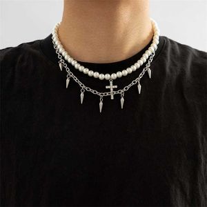 Hanger Kettingen Punk Parel Kralen Ketting Spikes Kruis Ketting Mannen Hiphop Gelaagd Roestvrij Staal Choker Set 2023 Mode-sieraden 230613