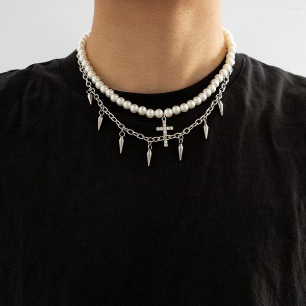 Collares colgantes Punk perlas perlas cadena picos/Cruz collar hombres Hiphop capas Acero inoxidable gargantilla conjunto 2022 joyería de moda